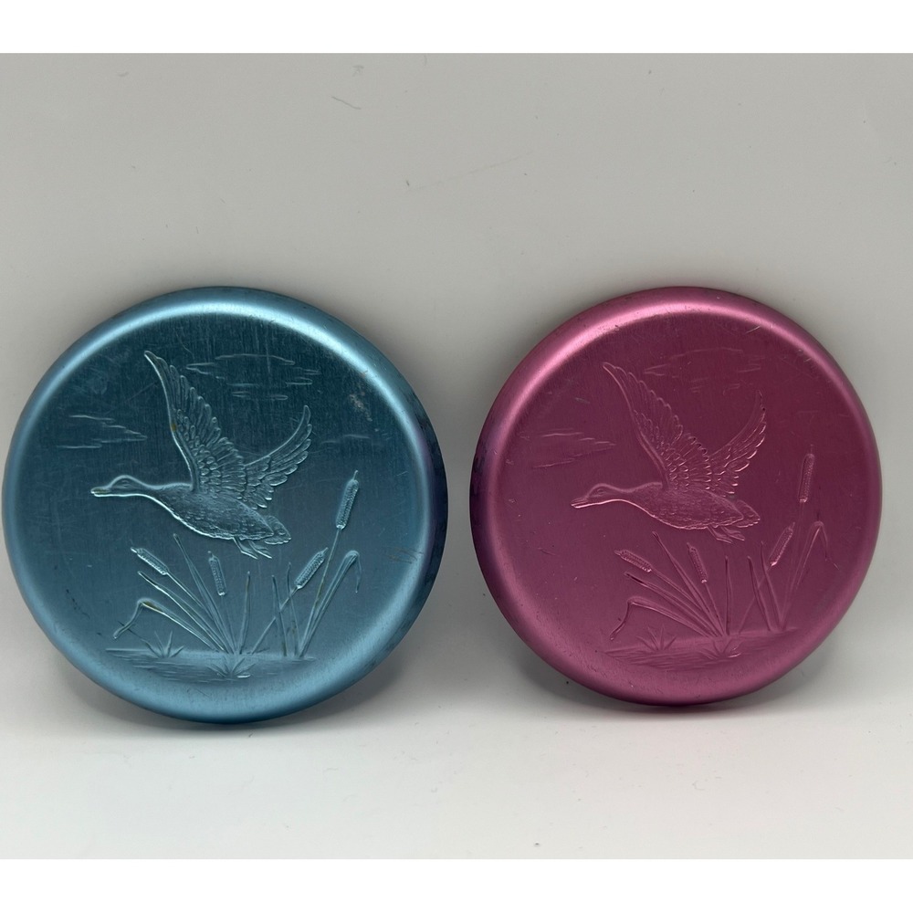 Stanhome Aluminum Duck Coaster Set of 2 Pink Blue 3 inches VTG Cottagecore